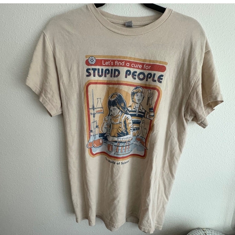 Gildan Lets Find A Cure For Stupid People Retro Science Graphic T-Shirt Tan L